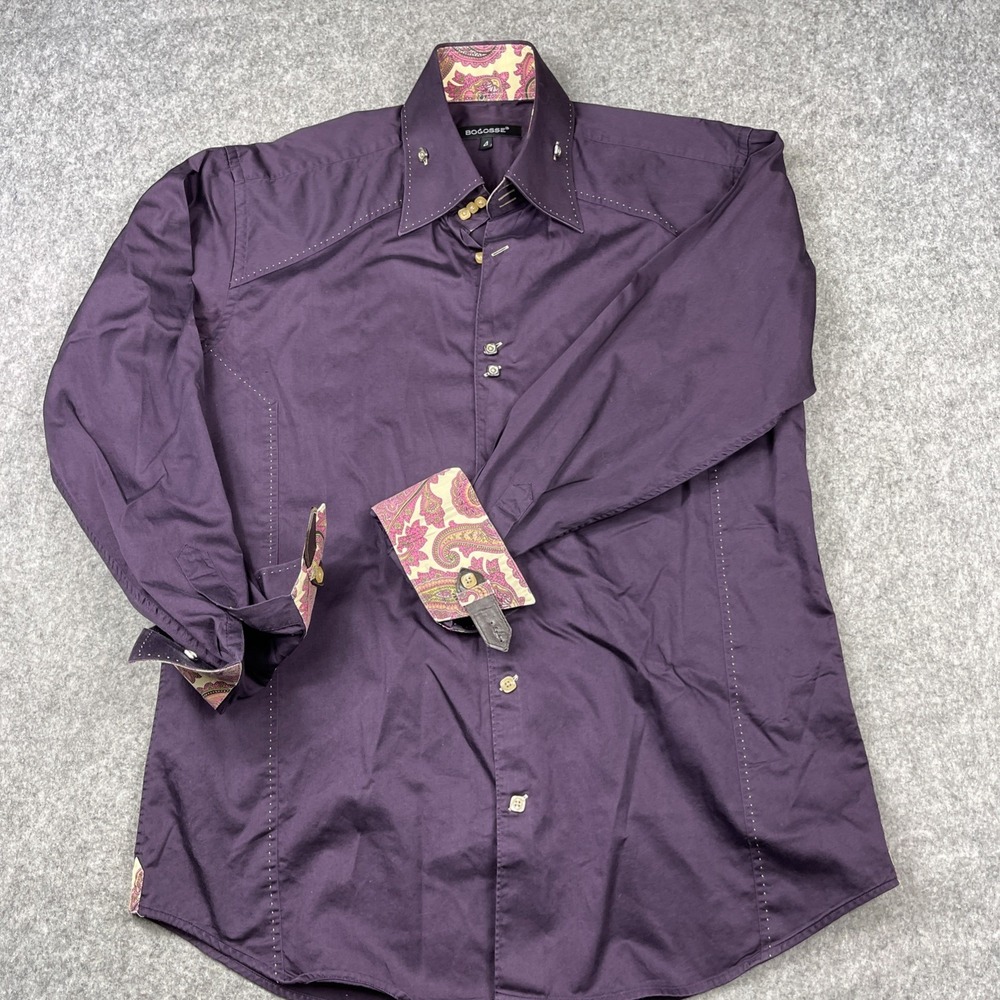 Bogosse Paisley Flip Cuff Dress Shirt Mens Large Burgundy Contrast Stitch Modern